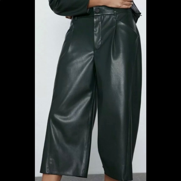 Zara | Pants u0026 Jumpsuits | Zara Faux Leather Green Cropped Wide Leg Pants |  Poshmark